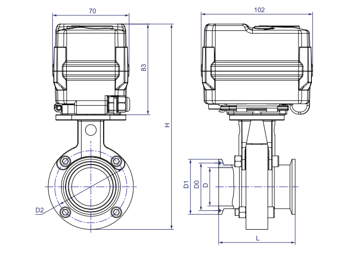 KLD200 Motorized Butterfly Valve for Fast Assembled (Sanitary Standard) Dimensions KLDVanne papillon motorisée 200 pour dimensions à assemblage rapide (norme sanitaire)