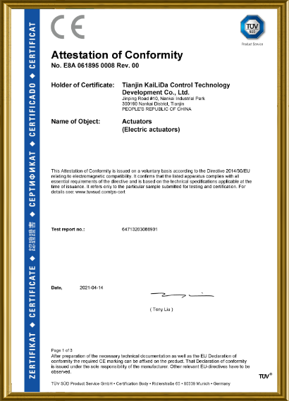 Certificat d"actionneur électrique 4